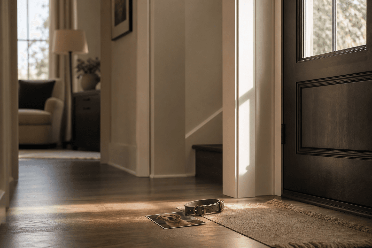 Quiet hallway after goodbye with a pet collar and favorite photo near warm light