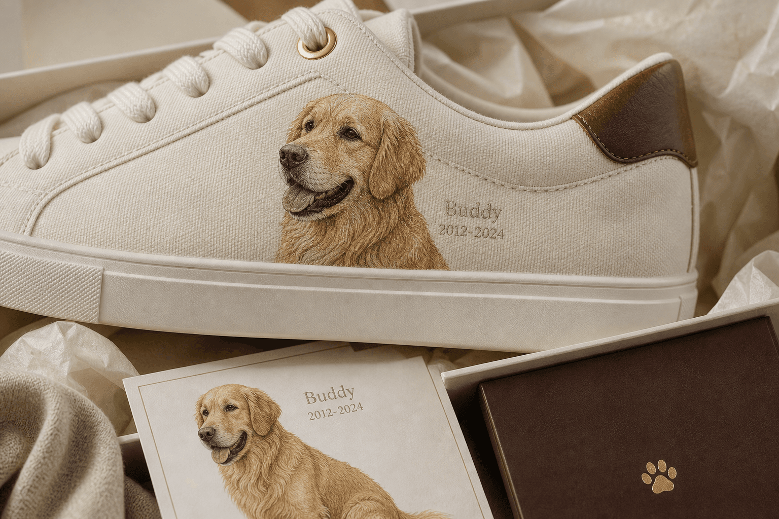 Close-up of pet memorial shoes with custom portrait, name, dates, and keepsake packaging