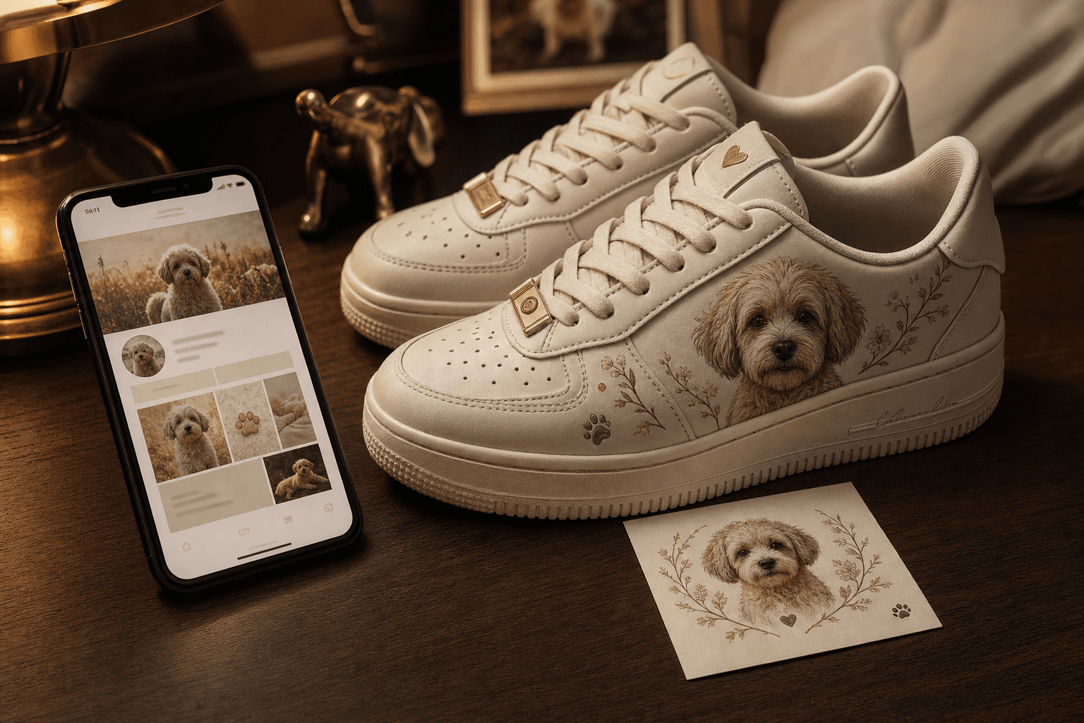 Memorial shoes with a phone showing a private memory page