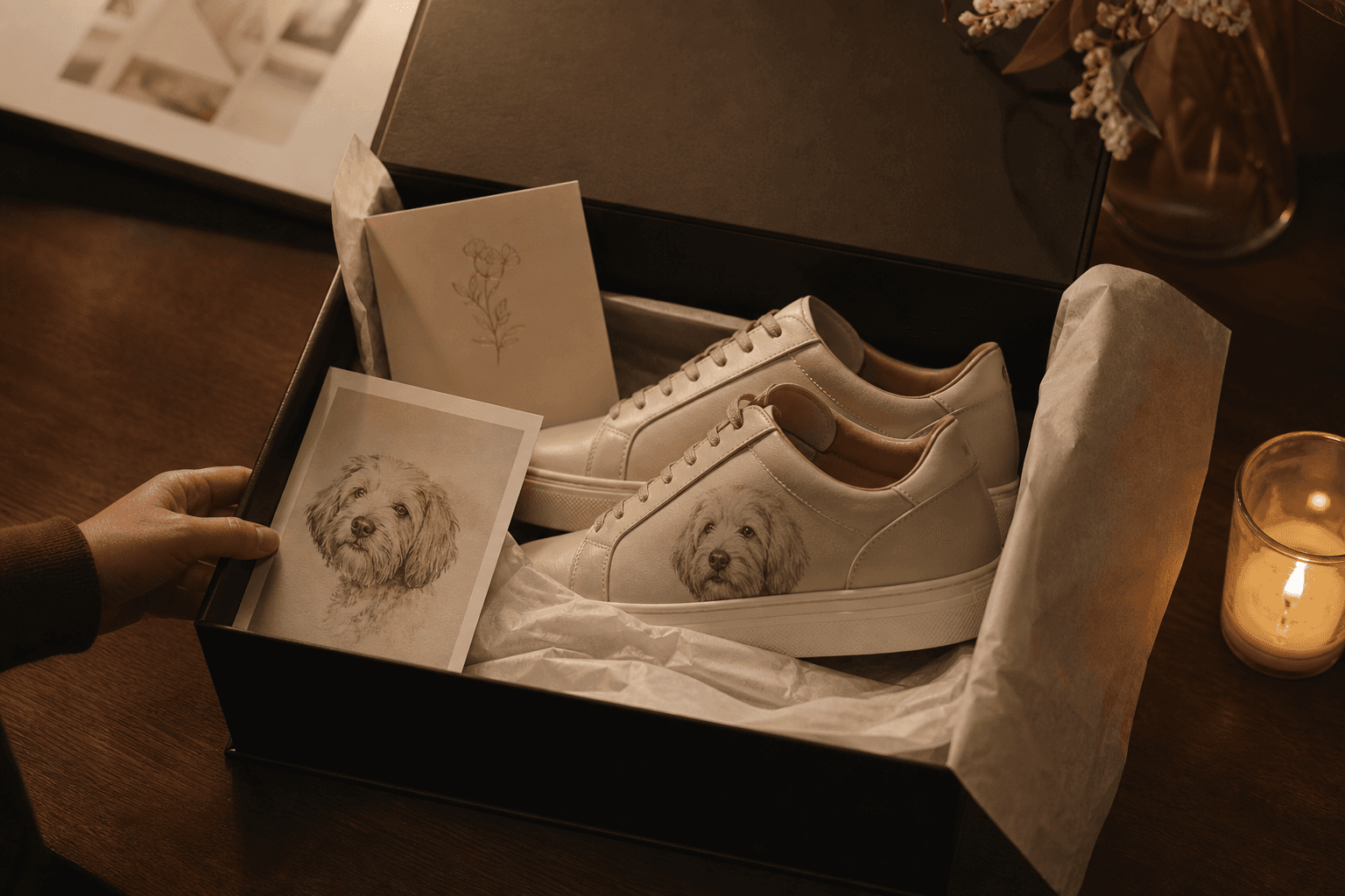 Open keepsake box with custom memorial shoes, a pet photo, and a memorial card