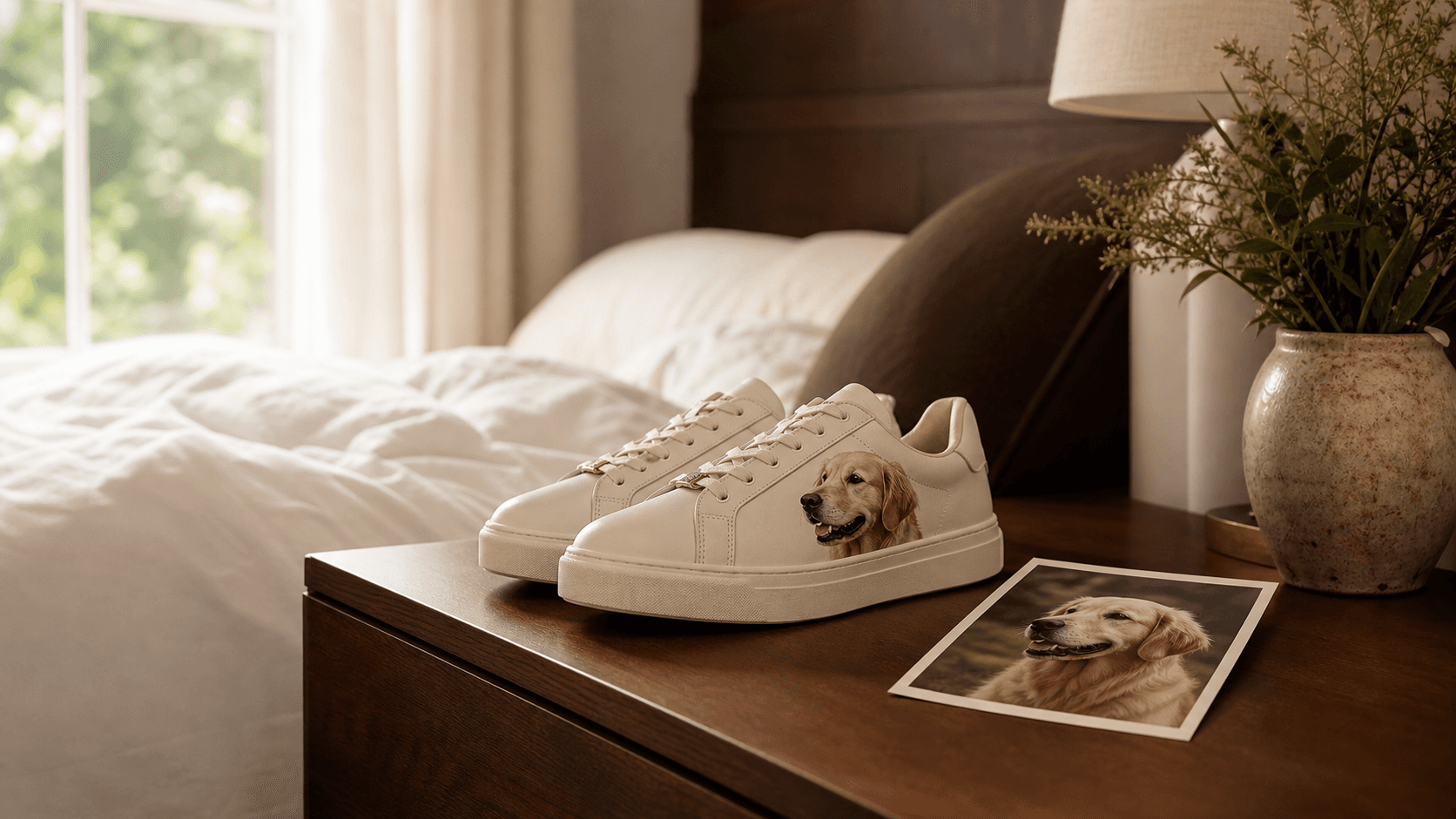 Custom pet memorial shoes beside a favorite pet photo in warm bedroom light